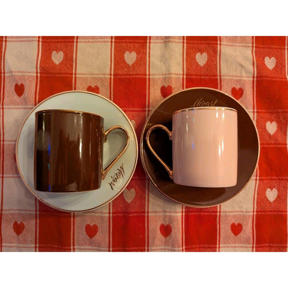Mozart Porcelain Coffee Cup & Saucer Set Decorated Brown Pink Gold 4-Piece